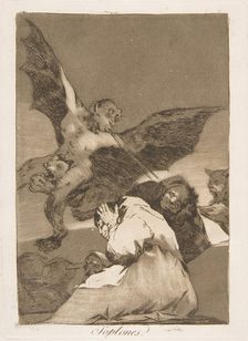 Plate 48 from Los Caprichos': Tale-Bearers-Blasts of Wind (Soplones.), 1799. Creator: Francisco Goya