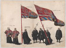 Plate 48: Men bearing arms and heraldic flags marching in the funeral procession of Archdu..., 1623. Creator: Cornelis Galle I