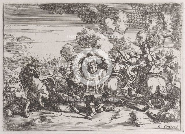 Plate 5: the wounded chief commander lies on the ground, while the battle goes on at ri..., 1635-60. Creator: Jacques Courtois.
