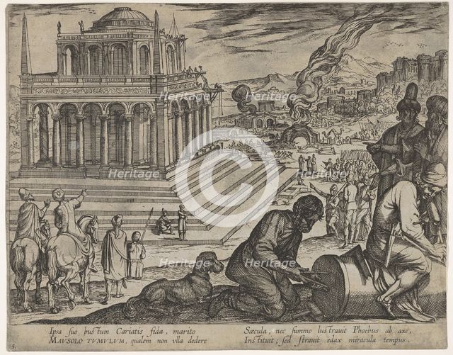 Plate 5: Tomb of Mausolus, stone masons make a column at the right, from The Seven Wonders..., 1608. Creator: Antonio Tempesta.
