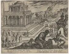 Plate 5: Tomb of Mausolus, stone masons make a column at the right, from The Seven Wonders..., 1608. Creator: Antonio Tempesta
