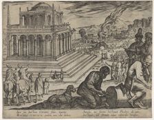 Plate 5: Tomb of Mausolus, stone masons make a column at the right, from The Seven Wonders..., 1608. Creator: Antonio Tempesta