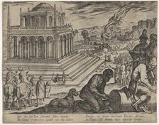 Plate 5: Tomb of Mausolus, stone masons make a column at the right, from The Seven Wonders..., 1608. Creator: Antonio Tempesta