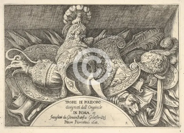Plate 5: trophies of Roman arms from decorations above the windows on the second floor of ..., 1658. Creator: Giovanni Battista Galestruzzi.