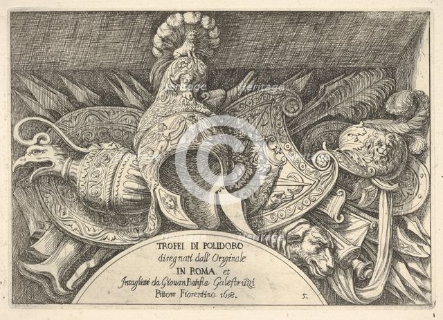 Plate 5: trophies of Roman arms from decorations above the windows on the second floor of ..., 1658. Creator: Giovanni Battista Galestruzzi.