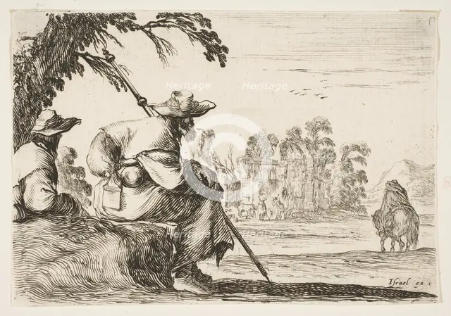Plate 5: two pilgrims with hats rest to the left, seen from behind, a horseman rides towar..., 1642. Creator: Stefano della Bella.