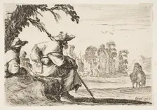 Plate 5: two pilgrims with hats rest to the left, seen from behind, a horseman rides towar..., 1642. Creator: Stefano della Bella