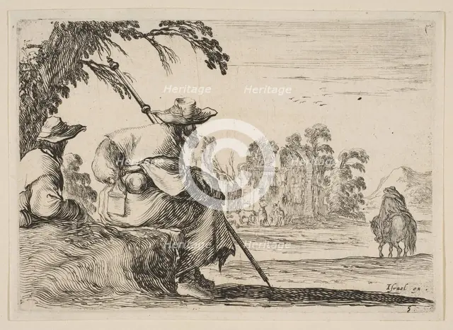 Plate 5: two pilgrims with hats rest to the left, seen from behind, a horseman rides towar..., 1642. Creator: Stefano della Bella.