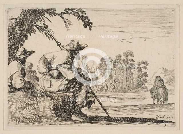 Plate 5: two pilgrims with hats rest to the left, seen from behind, a horseman rides towar..., 1642. Creator: Stefano della Bella.
