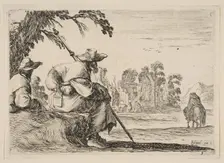 Plate 5: two pilgrims with hats rest to the left, seen from behind, a horseman rides towar..., 1642. Creator: Stefano della Bella