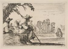 Plate 5: two pilgrims with hats rest to the left, seen from behind, a horseman rides towar..., 1642. Creator: Stefano della Bella