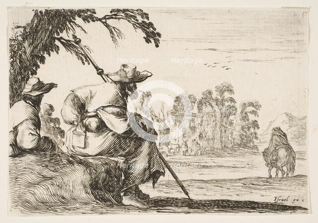 Plate 5: two pilgrims with hats rest to the left, seen from behind, a horseman rides towar..., 1642. Creator: Stefano della Bella.