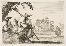 Plate 5: two pilgrims with hats rest to the left, seen from behind, a horseman rides towar..., 1642. Creator: Stefano della Bella