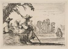 Plate 5: two pilgrims with hats rest to the left, seen from behind, a horseman rides towar..., 1642. Creator: Stefano della Bella