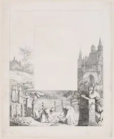 Plate 5: women collecting plants and carrying them over their heads, a male onlooker at ri..., 1836. Creator: Eduard Julius Friedrich Bendemann