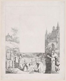 Plate 5: women collecting plants and carrying them over their heads, a male onlooker at ri..., 1836. Creator: Eduard Julius Friedrich Bendemann