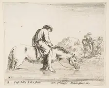 Plate 5: a barefoot peasant on horseback crossing a river, another peasant on horse..., ca. 1644-47. Creator: Stefano della Bella