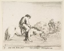 Plate 5: a barefoot peasant on horseback crossing a river, another peasant on horse..., ca. 1644-47. Creator: Stefano della Bella
