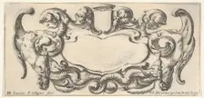 Plate 5: a cartouche with a blank escutcheon at top center, a chimera to either sid..., ca. 1640-45. Creator: Francois Collignon
