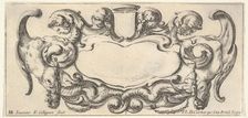 Plate 5: a cartouche with a blank escutcheon at top center, a chimera to either sid..., ca. 1640-45. Creator: Francois Collignon