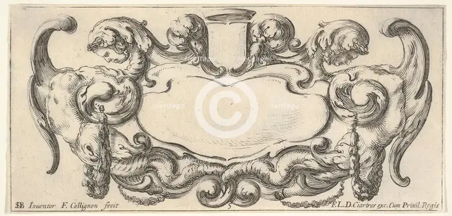 Plate 5: a cartouche with a blank escutcheon at top center, a chimera to either sid..., ca. 1640-45. Creator: Francois Collignon.