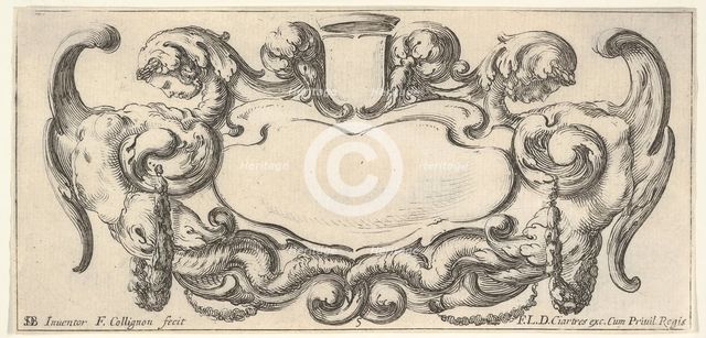 Plate 5: a cartouche with a blank escutcheon at top center, a chimera to either sid..., ca. 1640-45. Creator: Francois Collignon.