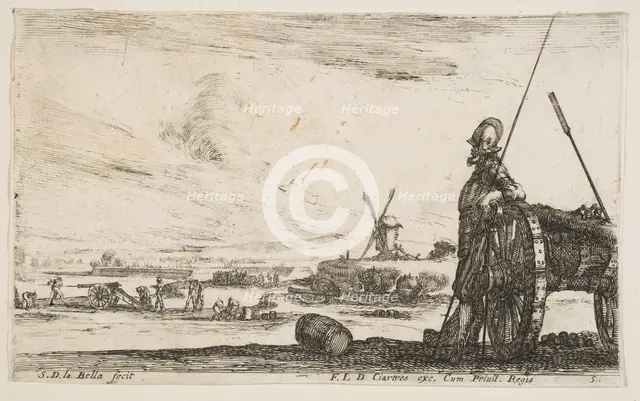 Plate 5: A Pikeman standing at right next to a cannon, other military figures..., ca. 1641. Creator: Stefano della Bella.