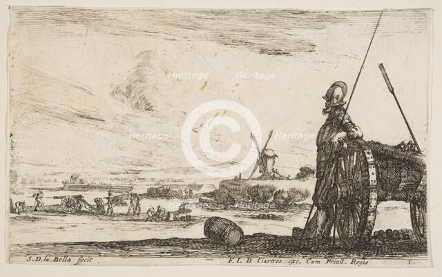 Plate 5: A Pikeman standing at right next to a cannon, other military figures..., ca. 1641. Creator: Stefano della Bella.