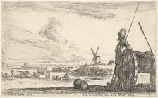 Plate 5: A Pikeman standing at right next to a canon, other military figures in the ba..., ca. 1641. Creator: Stefano della Bella