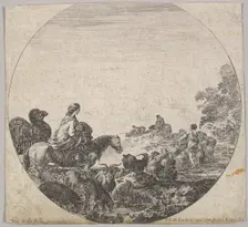 Plate 5: a woman carrying a child on a horse to left, a camel following her, a herd..., ca. 1643-48. Creator: Stefano della Bella