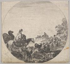 Plate 5: a woman carrying a child on a horse to left, a camel following her, a herd..., ca. 1643-48. Creator: Stefano della Bella