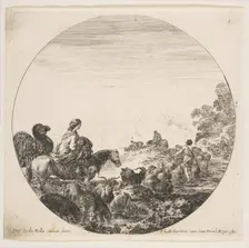 Plate 5: a woman carrying a child on a horse at left, a camel following her, a herd of..., ca. 1646. Creator: Stefano della Bella