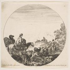 Plate 5: a woman carrying a child on a horse at left, a camel following her, a herd of..., ca. 1646. Creator: Stefano della Bella