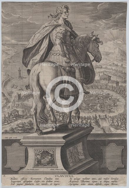 Plate 5: equestrian statue of Claudius, seen from behind, a naval competition at ri..., ca. 1587-89. Creator: Adriaen Collaert.