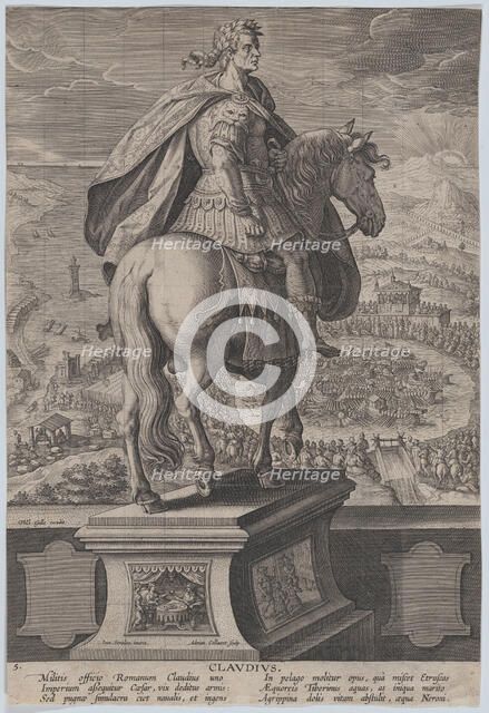 Plate 5: equestrian statue of Claudius, seen from behind, a naval competition at ri..., ca. 1587-89. Creator: Adriaen Collaert.