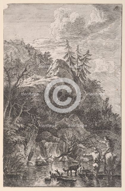 Plate 5: female figure on horseback and a male figure with a dog standing in a stre..., ca. 1700-25. Creator: Franz Joachim Beich.