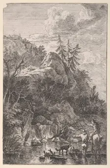 Plate 5: female figure on horseback and a male figure with a dog standing in a stre..., ca. 1700-25. Creator: Franz Joachim Beich