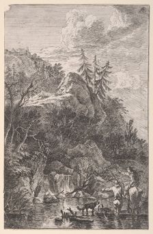 Plate 5: female figure on horseback and a male figure with a dog standing in a stre..., ca. 1700-25. Creator: Franz Joachim Beich