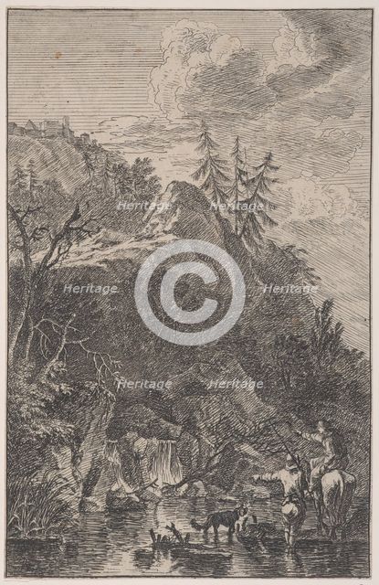 Plate 5: female figure on horseback and a male figure with a dog standing in a stre..., ca. 1700-25. Creator: Franz Joachim Beich.