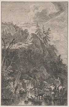 Plate 5: female figure on horseback and a male figure with a dog standing in a stre..., ca. 1700-25. Creator: Franz Joachim Beich