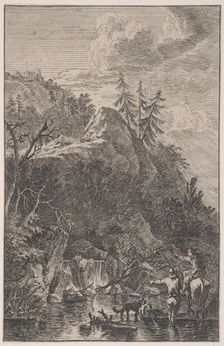 Plate 5: female figure on horseback and a male figure with a dog standing in a stre..., ca. 1700-25. Creator: Franz Joachim Beich