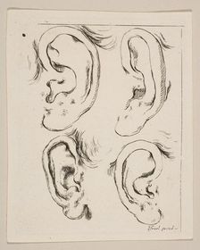 Plate 5: four ears, from The Book for Learning to Draw (Livre pour apprendre à dessi..., ca. 1649. Creator: Stefano della Bella