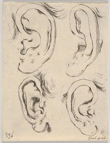 Plate 5: four ears, from The Book for Learning to Draw (Livre pour apprendre à dessi..., ca. 1649. Creator: Stefano della Bella