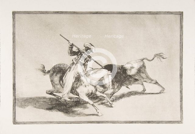 Plate 5 from 'The Tauromaquia': The spirited Moor Gazul is the first to spear bulls accord..., 1816. Creator: Francisco Goya.