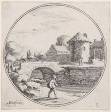 Plate 5: man walking with fishing pole at center, a bridge and village in the backgro..., 1680-1747. Creator: Lodovico Mattioli