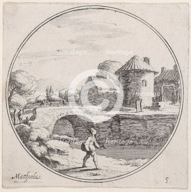 Plate 5: man walking with fishing pole at center, a bridge and village in the backgro..., 1680-1747. Creator: Lodovico Mattioli.