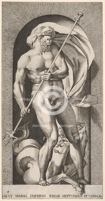 Plate 5: Neptune standing in a niche holding a trident, with a hippocampus (sea-horse) beh..., 1526. Creator: Giovanni Jacopo Caraglio.