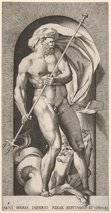 Plate 5: Neptune standing in a niche holding a trident, with a hippocampus (sea-horse) beh..., 1526. Creator: Giovanni Jacopo Caraglio