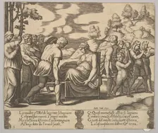 Plate 5: Psyche carried on a litter to a mountain, from The Fable of Psyche 1530-60. Creator: Master of the Die