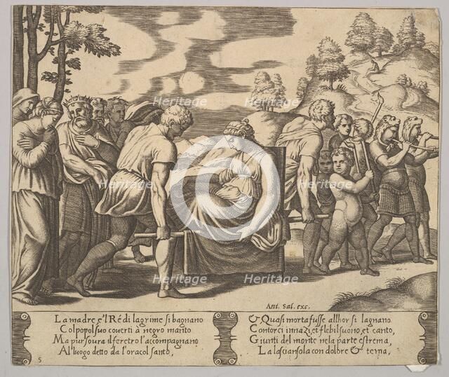 Plate 5: Psyche carried on a litter to a mountain, from 'The Fable of Psyche', 1530-60. Creator: Master of the Die.